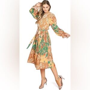 Flying Tomato Women's Chiffon Bohemian Long Sleeve Mock Neck Dress